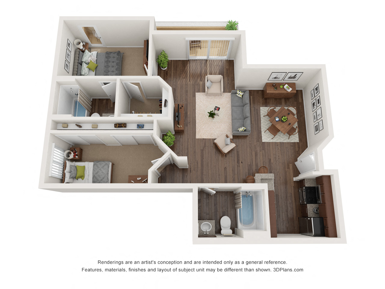 Floor plan for 2 beds, 2 baths, 1117 sqft
